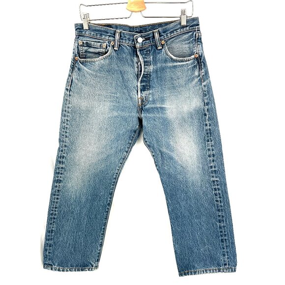 Levi's 501 classic straight leg button fly jeans boho unisex high rise 34 HEMMED - Picture 1 of 13